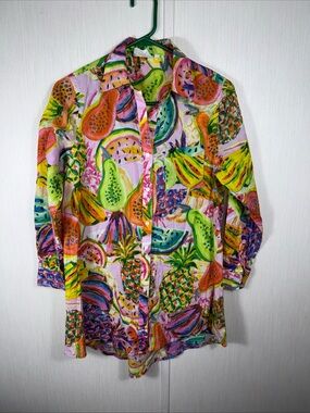 True Destinations Women XS Tropical Fruit Button Down Shirt Cotton Roll Tab